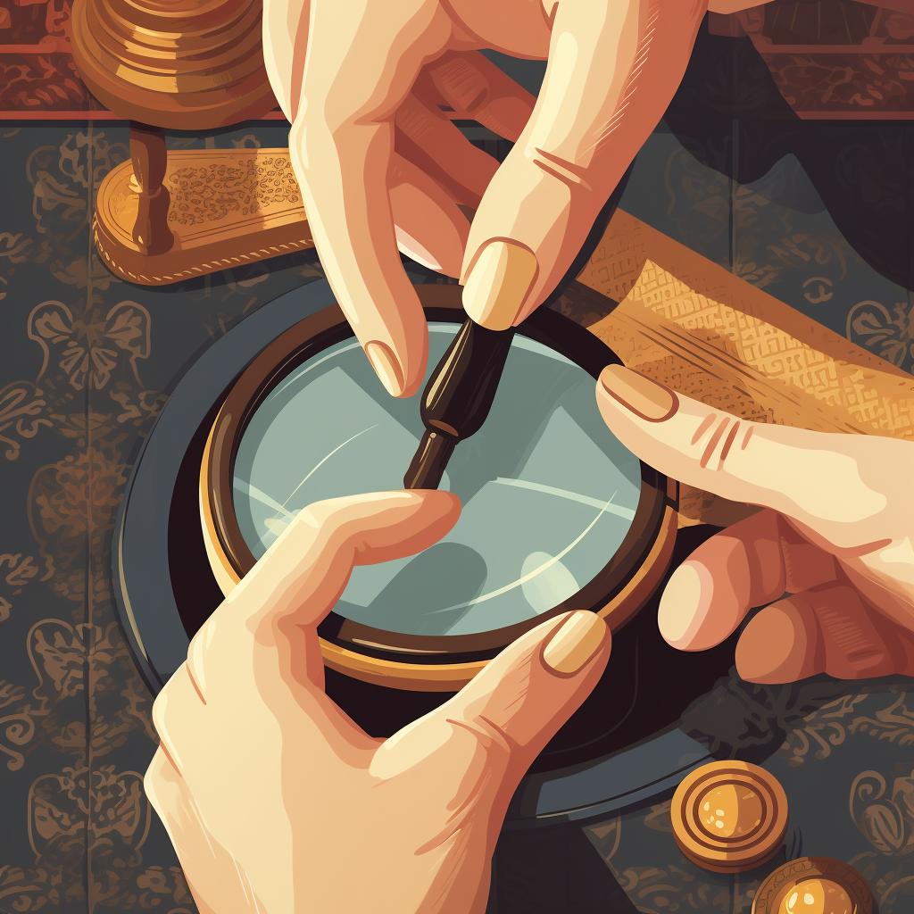 Close-up of hands inspecting an antique item with a magnifying glass