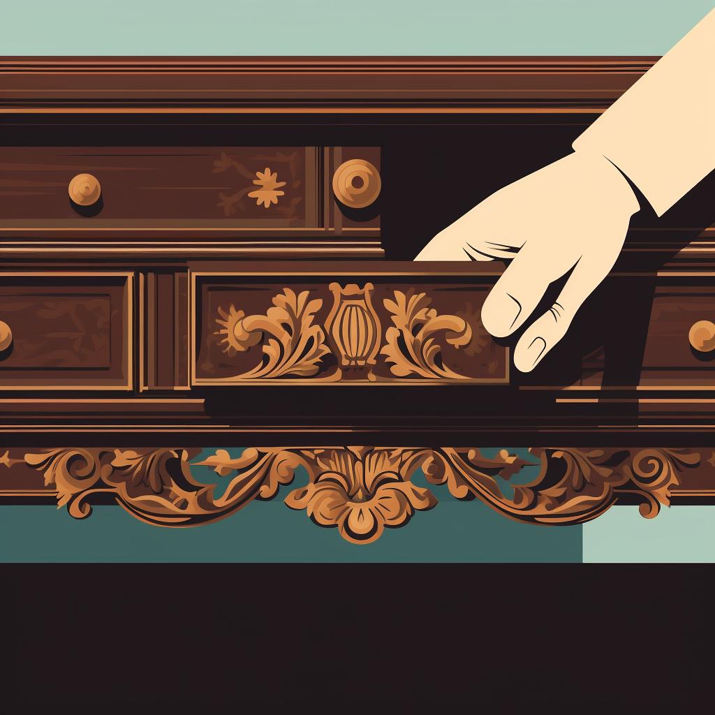 Close-up of hands inspecting an antique piece of furniture