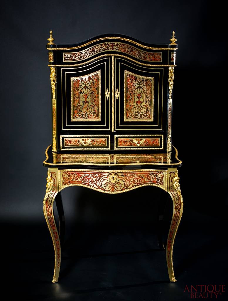 19th-century French Boulle-style writing desk with intricate marquetry work